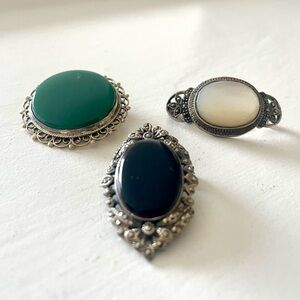 Victorian Revival Sterling Silver & Marcasite Green & Black Onyx MOP Brooch lot